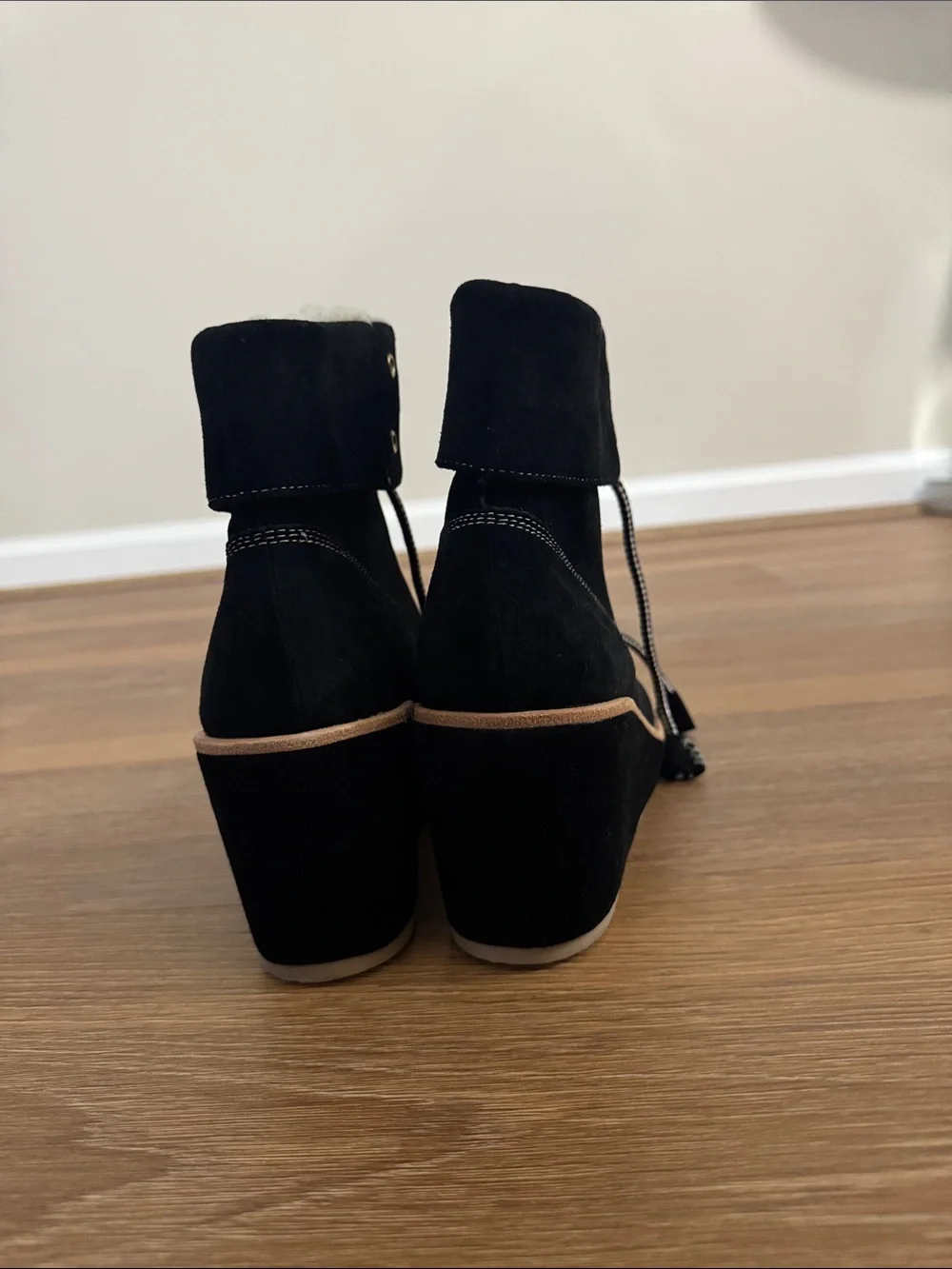 kate spade Black Suede Lace-Up Wedge Ankle Boots with Tan Trim